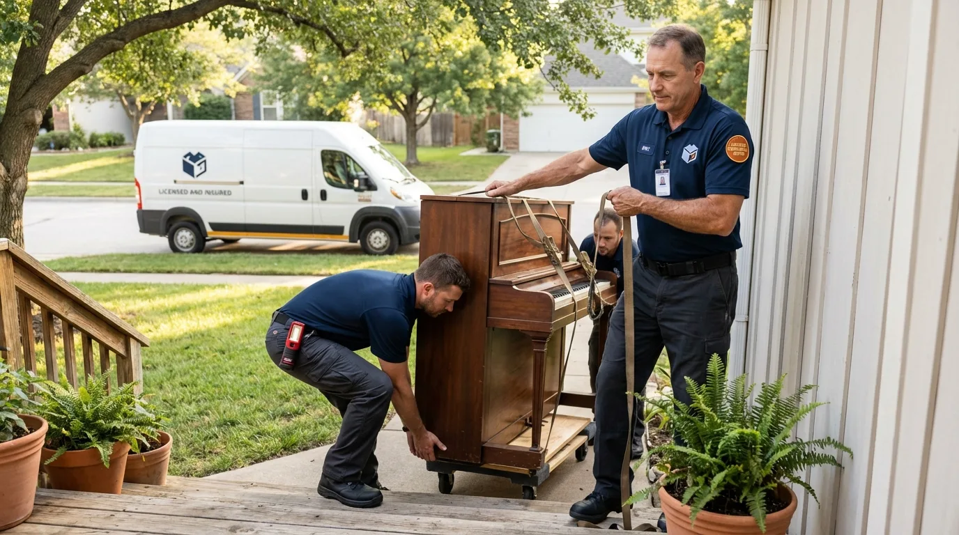 Licensed piano movers securing grand piano in Boyceville, WI