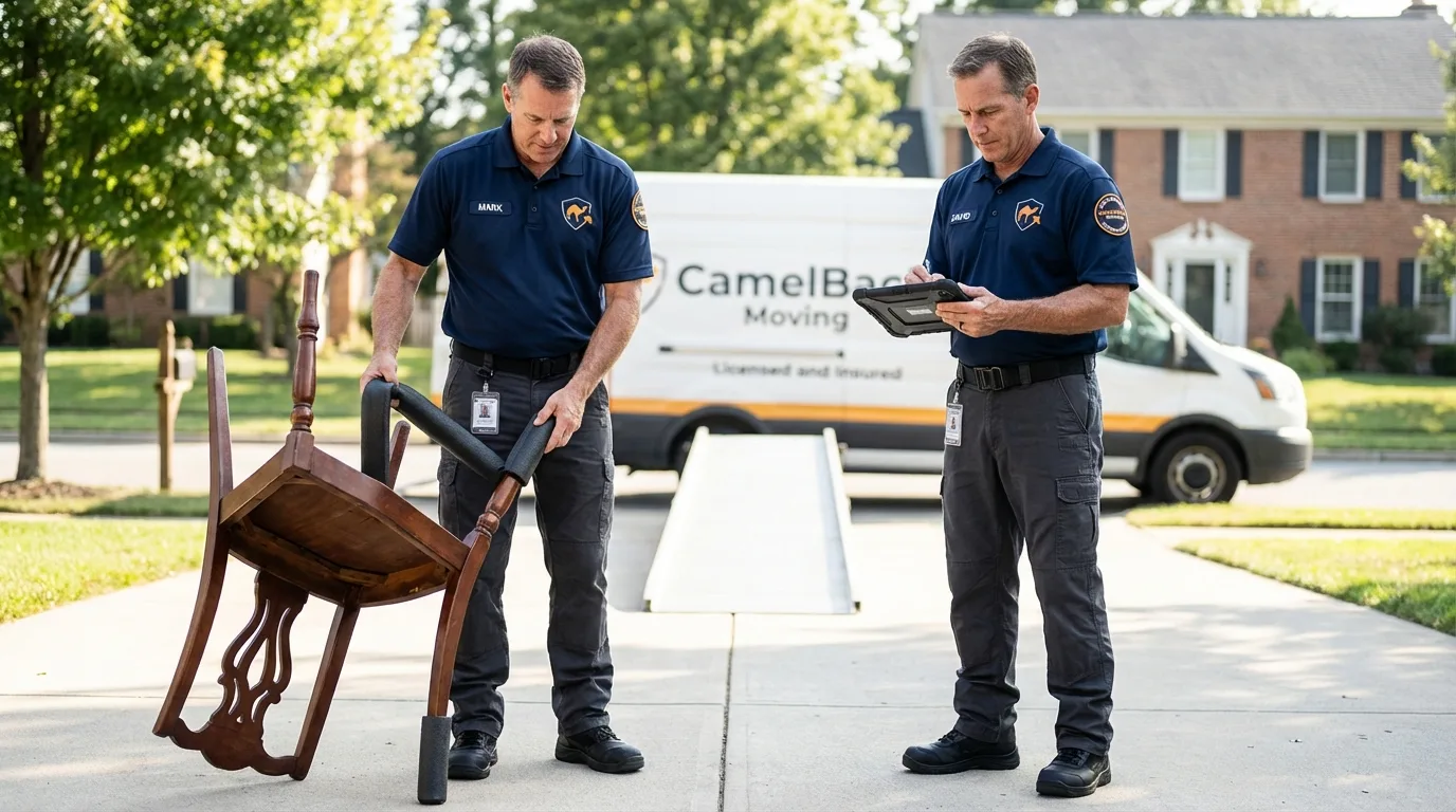 Movers inspecting furniture for damage prevention before loading in Boyceville, WI