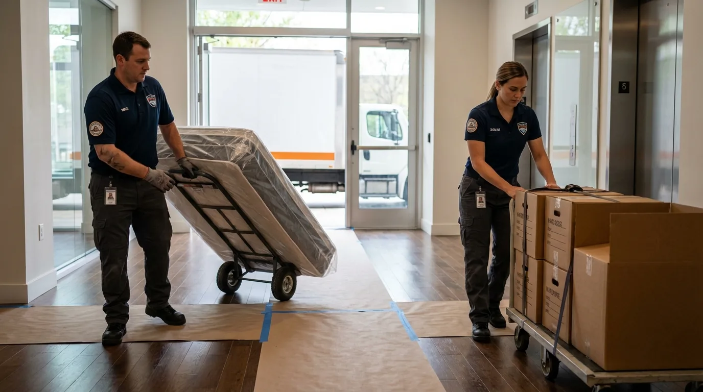 Professional apartment movers loading elevator in Boyceville, WI