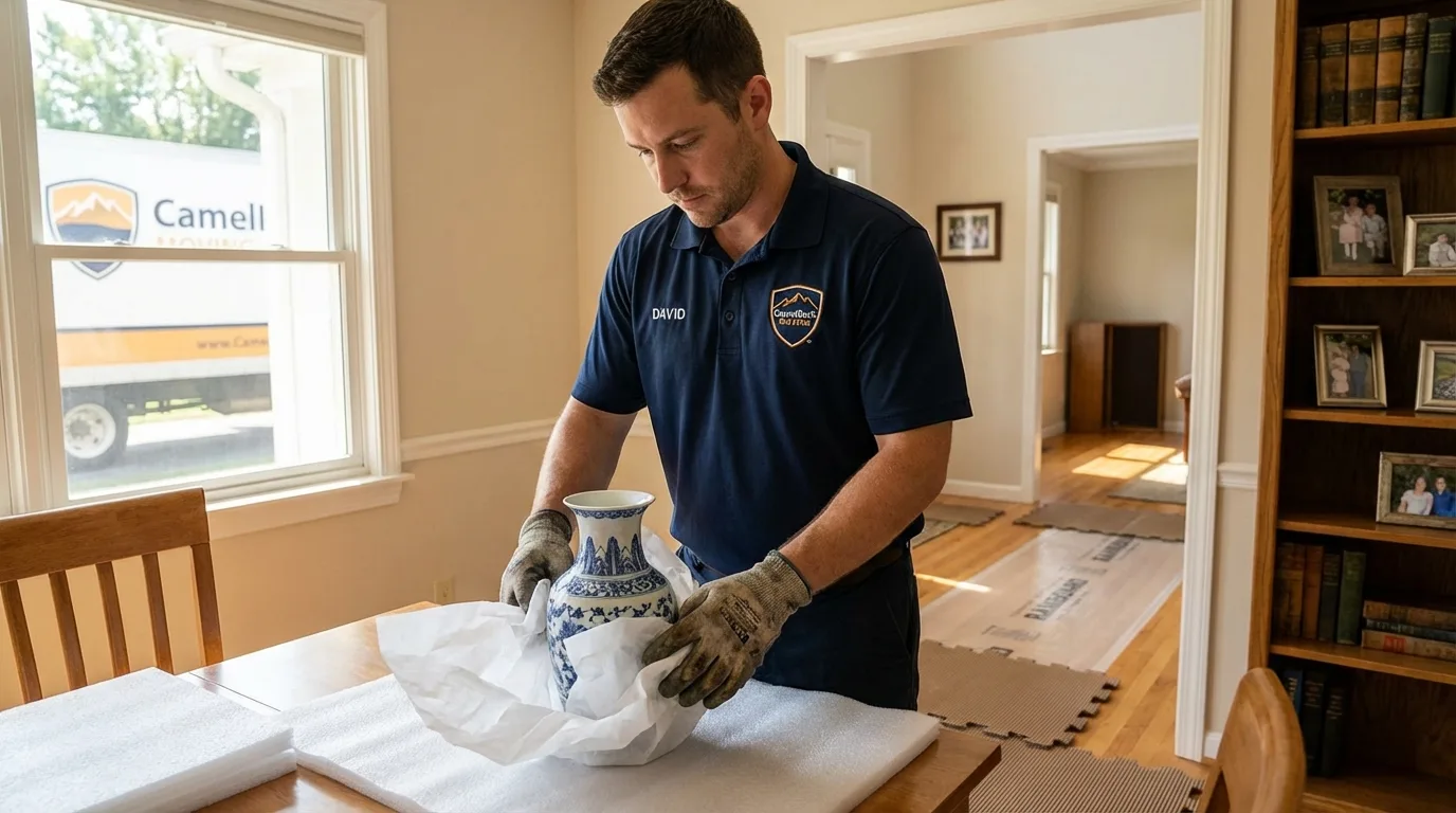 Professional crew carefully wrapping antique vase for senior downsizing move in Boyceville, WI